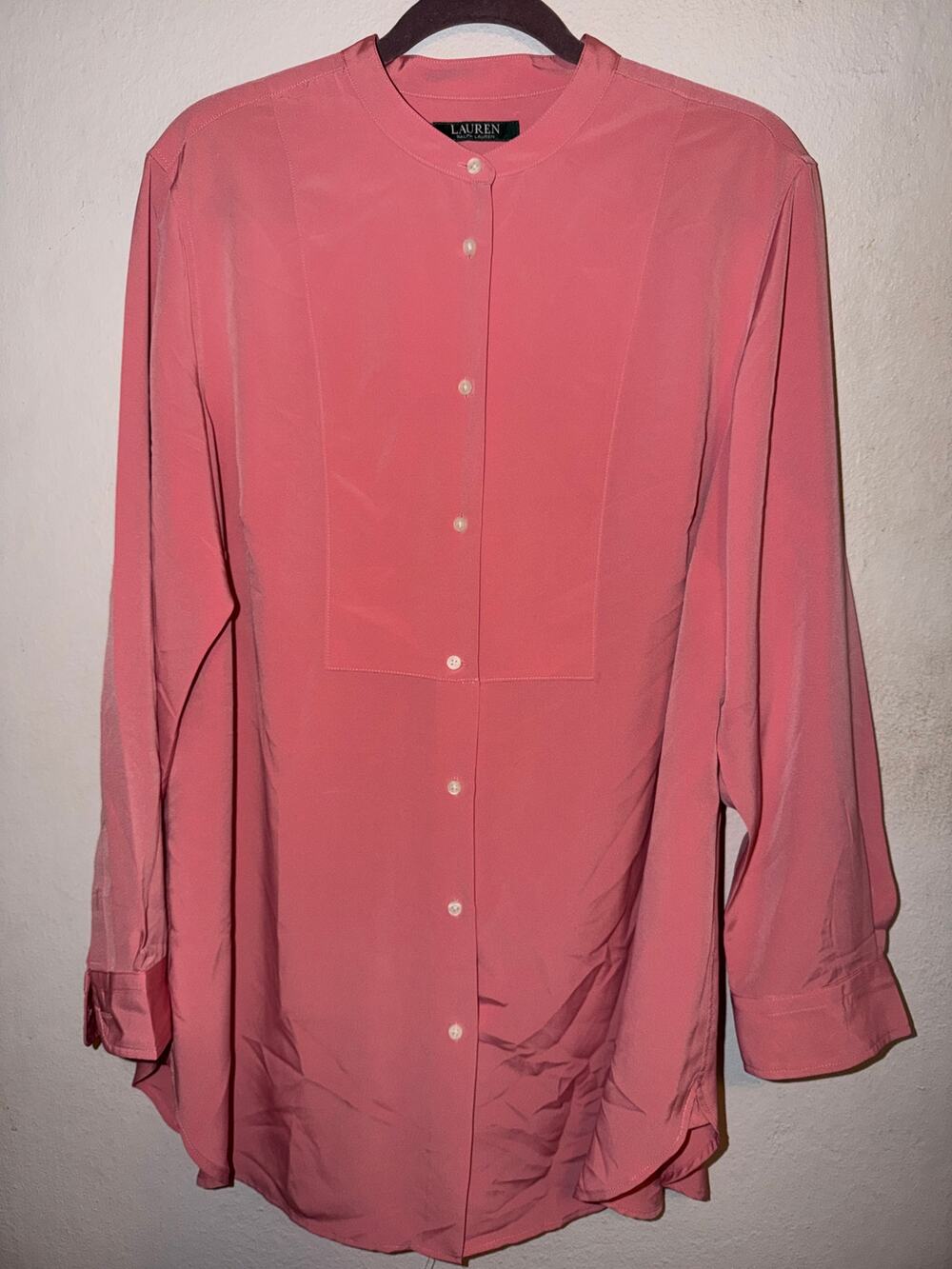 Lauren Ralph Lauren Black Label Pink Bib Front Tunic Blouse Long Sleeve XL